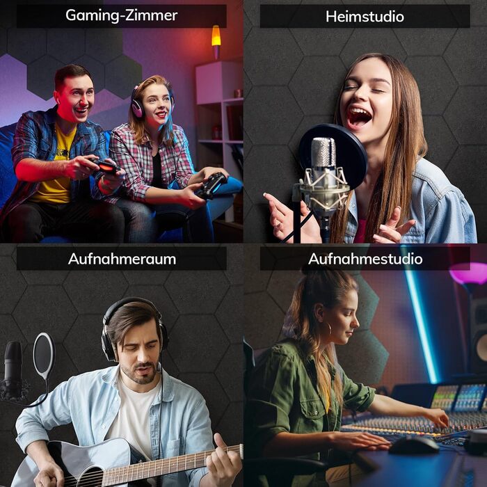 Акустичні гексагональні панелі TONOR самоклеючі, звукопоглинаючі шестикутні плитки для шумоізоляції стін (48 шт, чорні), 30x26x1 см для студії, офісу та геймерської зони