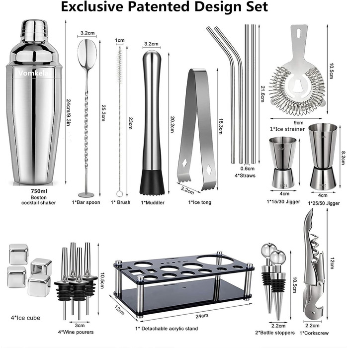 Cocktail Set 750ml Cocktail Shaker, 24pcs Bar Accessories Coctail Mixer Set Barkeepers Friend Jigger, Boston Shaker Bartender Set Decoration for Men Women (Type 4)
