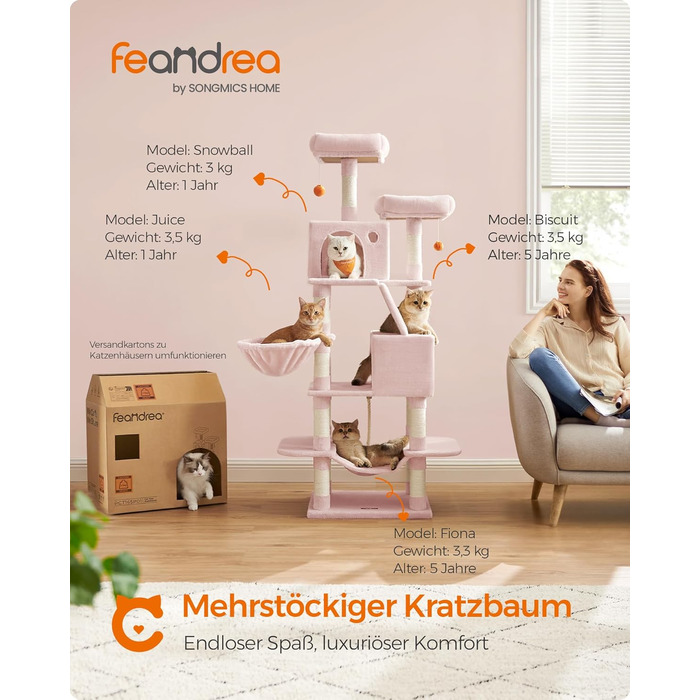Feandrea Багатоярусний котячий комплекс з когтеточками, 168 см, рожевий, PCT165G01