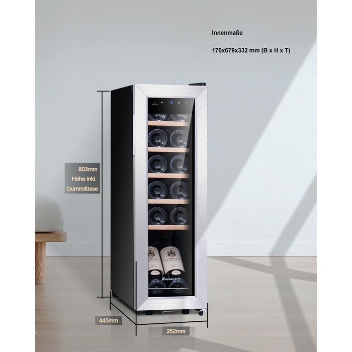 Kalamera 28-Bottle Wine Refrigerator with Touch Control, Stainless Steel Door, 5-18°C Cooling Zone, Removable Wooden Shelves