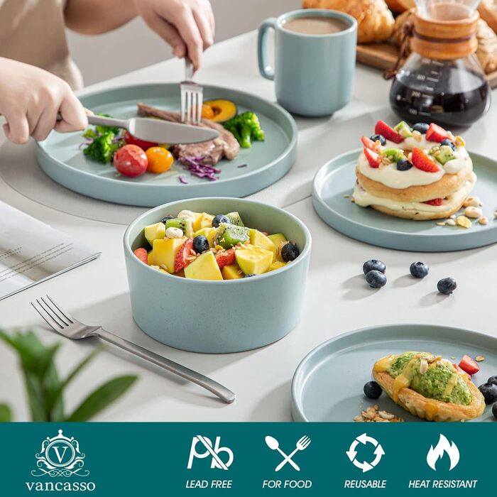 Набір посуду Vancasso SESAM Serie з каменю, 16 предметів, для 4-12 осіб. Тарілки, миски, чашки, скандинавський дизайн, темно-сірий, сірий, блакитний, зелений