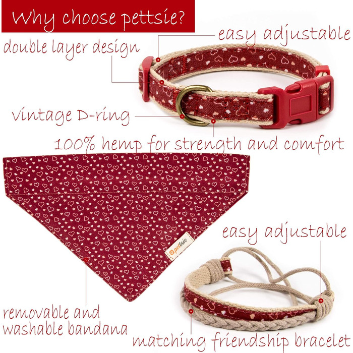Pettsie dog bandana with collar and friendship bracelet, Adjustable sizes S, M, and L, Detachable bandana cloth, Attractive packaging included, Dog lover, L, Red