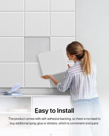 Акустичні панелі квадратні самоклейні для звукоізоляції стін, шумопоглинаючі плити високої щільності, 30x30x0.9 см, 18 шт, білі