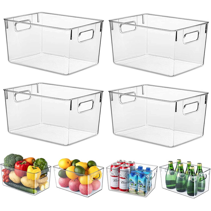 KJIXYUNG Refrigerator Organizer Set, Transparent Storage Box Organizer Stackable, Organizer Boxes for Refrigerator, Pantry, Cupboard, Snacks, Cans, Kitchen - BPA-free 29x20x15.5CM