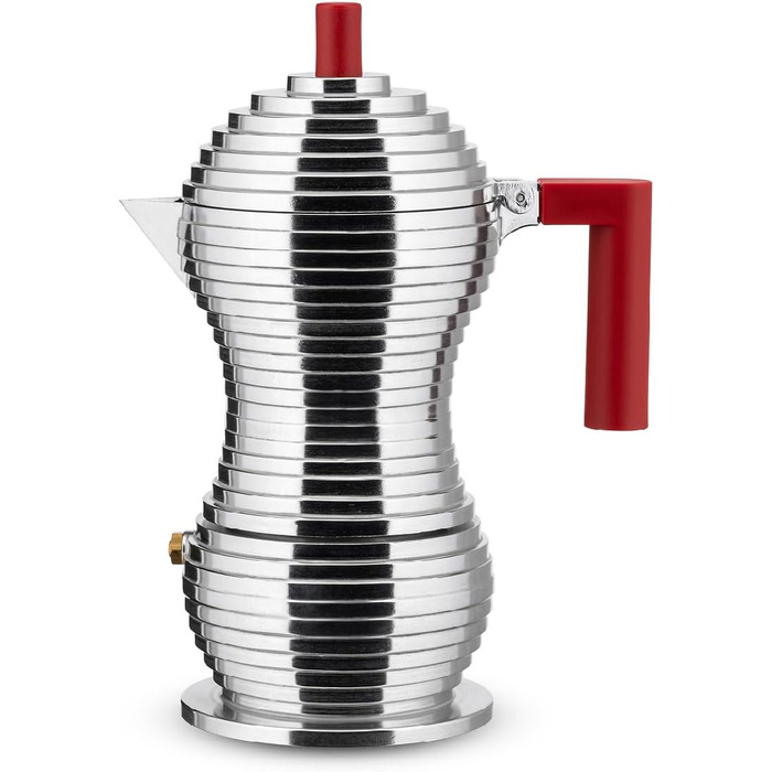 Alessi MDL02/3RFM Pulcina Espresso Machine - Cast Aluminum. Handle and Button - PA, red. Magnetic Bottom - 3 Cups