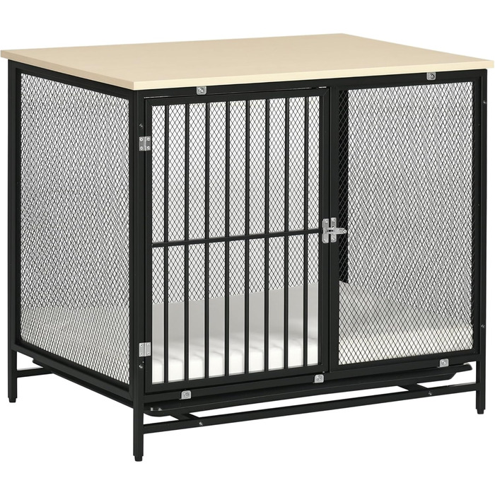 Клітка для собак PawHut, закривається на замок, з подушкою, для собак середніх порід до 20 кг, 88 x 55 x 71 см, колір: дуб+чорний