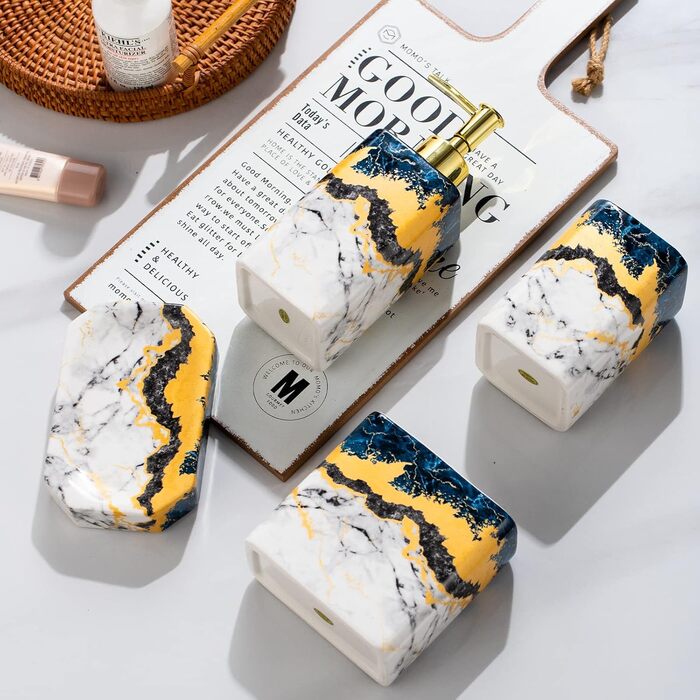 Набір аксесуарів для ванної кімнати (4 шт) – білий набір з дозатором для лосьйону, тримачем для зубних щіток, склянкою та мильницею – блискуча поверхня (мармур, білий)