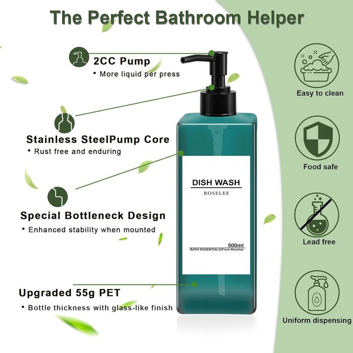 Набір дозаторів для мила Roselee (4 шт.), зелені, 500 мл. Дозатори для душу, шампуню, кухні, ванної кімнати. Матеріал: пластик.