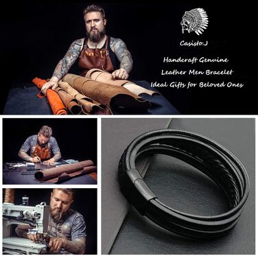 Чоловічий шкіряний браслет Casisto.J з нержавіючою сталлю та гравіюванням, чорний, плетений, з магнітною застібкою (22 см)