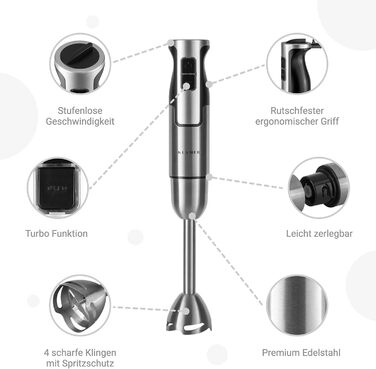 KLAMER Stabmixer 800W: 4-в-1 Пюрірувальник зі сталі, регулювання швидкості та Turbo-функція, Classic Single