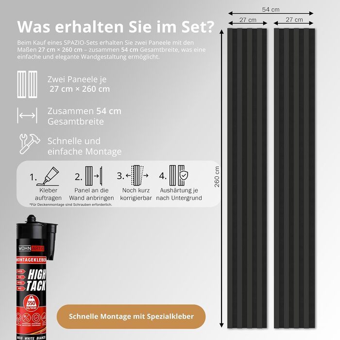 Акустичні настінні панелі SPAZIO Anthrazit 693, 260x54 см (набір 2 шт. 260x27 см), оббивка на фетрі для звукоізоляції