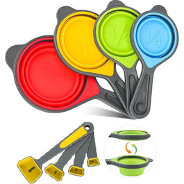 Collapsible Measuring Cup and Spoon Set, 8-Piece Portable Silicone Measuring Cup and Spoon, Food-Grade Silicone Measuring Tool Set, Yellow Color (Random Rainbow)