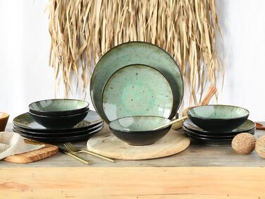 CreaTable Набір посуду Jawa, 18 предметів (12 тарілок) з каменю, для 6 осіб, зелений, миється в посудомийній машині, підходить для мікрохвильовки