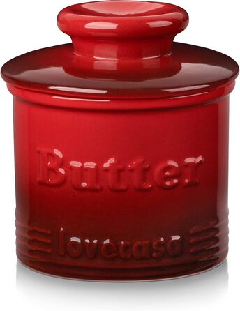 Porcelain Butter Dish for Countertop, LOVECASA Butter Holder with Water Line, French Butter Box with Lid, Ceramic Butter Container, no more hard butter, perfectly spreadable consistency (red)