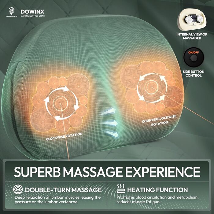 Ігровий крісло Dowinx з підігрівом та масажем попереку, з кишенею, подушкою та підніжкою, 150 кг, зелений