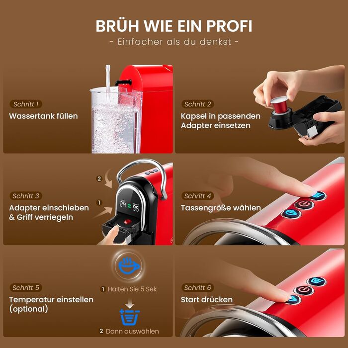 Кавомашина капсульна Magician1 Mini 5в1 для Nespresso, Dolce Gusto, Lavazza A Modo Mio, ESE 44, кавової гущі | 20 bar, 1450 W, LED-дисплей, 7 рівнів води | для дому та офісу, червона