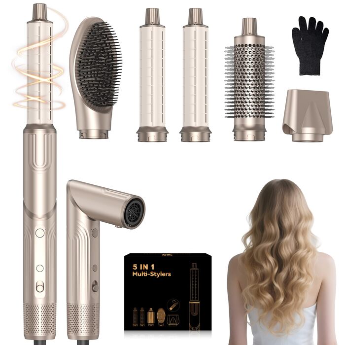 Набір для стайлінгу волосся 5 в 1 Atopskins Air Styler 1400W: іонний фен, вирівнювач, плойка Auto-Wrap та круглі щітки для об'єму та гладкості, Gold