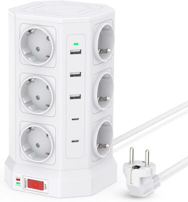 Блок розеток із захистом від перенапруги (3680W/16A), 12 розеток з 5 USB, мережевий фільтр з вимикачем, 1,5м кабель, захист 1050J, для дому/офісу, білий