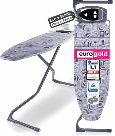 Прасувальна дошка EUROGOLD® Premium 120x42 см з підставкою для праски - стабільна, регульована по висоті, з покриттям з 100% бавовни сірого кольору
