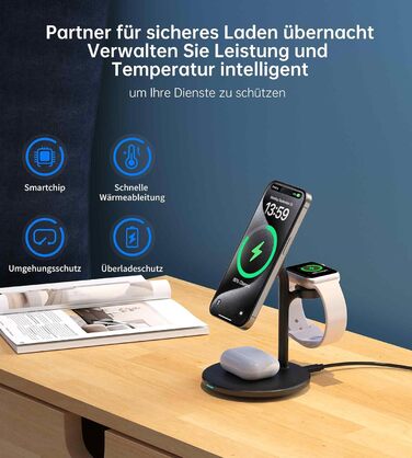 3-в-1 індукційна зарядка для декількох пристроїв, 15W MagSafe зарядка для iPhone 15/14, MagSafe зарядний пристрій для iWatch Ultra 2/1/Series 9/8, AirPods, білий/чорний