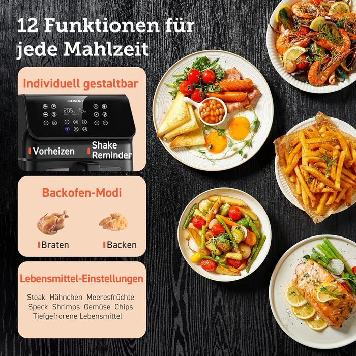 COSORI Air Fryer, 12-in-1 XXL Air Fryer 6.2L, Hot Air Fryer with Viewing Window & Shake Reminder, 80 Recipes, 55 Percent Energy Saving, Dishwasher-Safe Baskets Black Clear Blaze