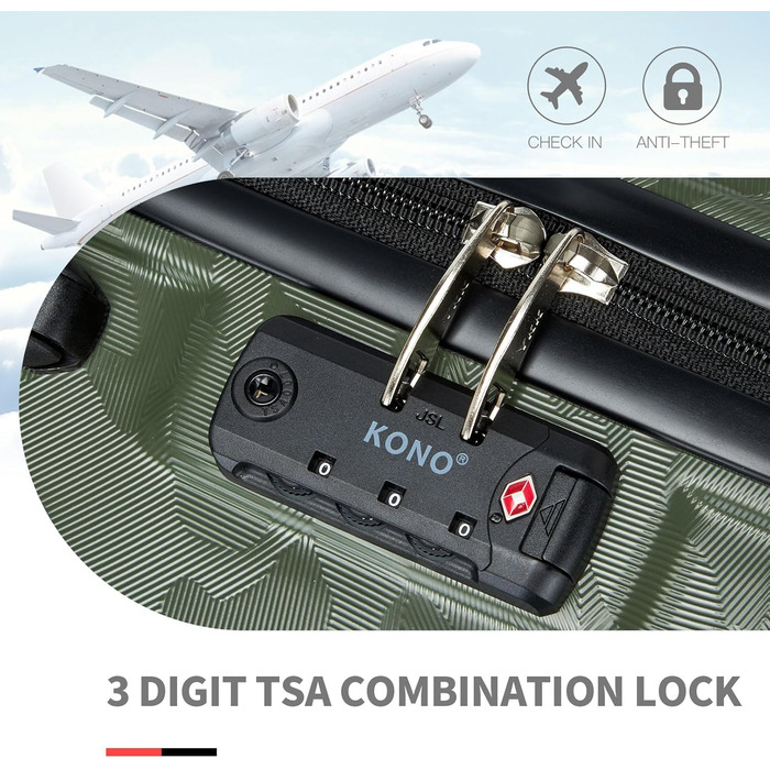 Чемодан-тележка KONO з ABS+PC - легкий валіз з 4 колесами, TSA-замком, для подорожей, бізнесу та сімейного відпочинку (M (52cm), Зелений/Камуфляж)
