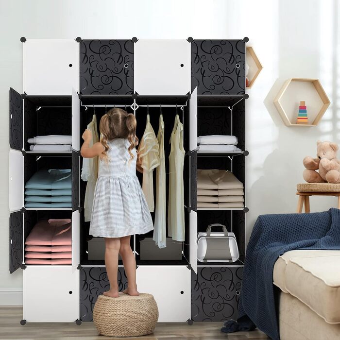 Wardrobe, Plastic Wardrobe, DIY Cube Wardrobe 20 Cubes, Shelf System Bedroom Wardrobe – Black, 145 x 37 x 178 cm