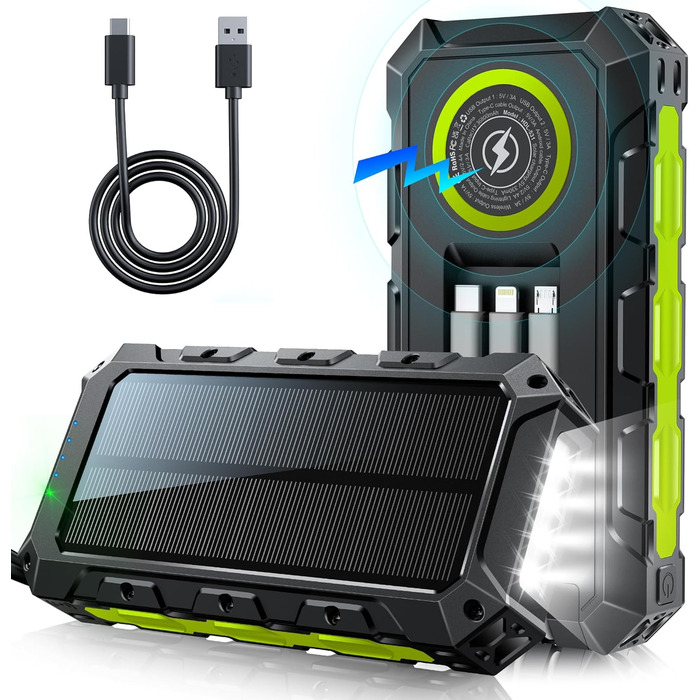 Портативний зарядний акумулятор Power Bank 52800mAh з сонячною панеллю, 30W, 7 виходів, з ліхтариком та LED-дисплеєм, чорний/зелений