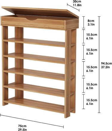 Soges 5-Tier Shoe Rack Shoe Cabinet Wood, 75 x 30 x 94.5 cm Shoe Storage Shoe Stand for Living Room, Entrance Hall, Hallway, Teak