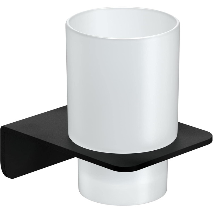 WEISSENSTEIN Toothbrush Holder without Drilling | Cup and Toothbrush Holder for Gluing to the Wall | Stainless Steel Holder and White Glass | in Matte Black
