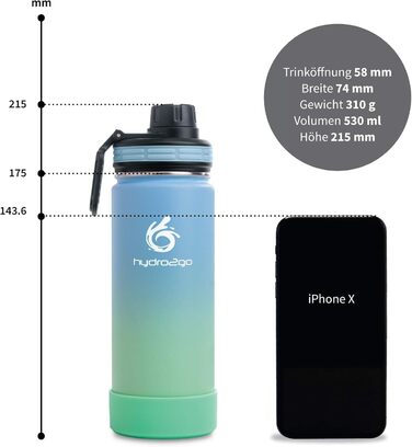 Фляга термос Hydro2Go з нержавіючої сталі 530 мл, 3 кришки, BPA-free, зберігає тепло 12 год, холод 24 год