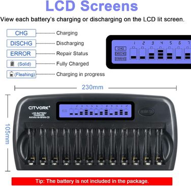 Зарядний пристрій CITYORK 12 Bay LCD з інтелектуальним захистом IC для AA/AAA NI-MH/NI-аккумуляторів, з адаптером та комплектом AA-аккумуляторів