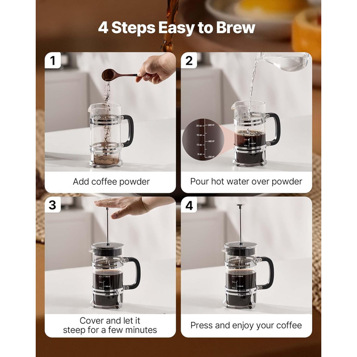 Френч-прес VEVOR 1 л з боросилікатного скла та нержавіючої сталі - для приготування кави, чаю, кемпінгу, подорожей, кухні, ресторану