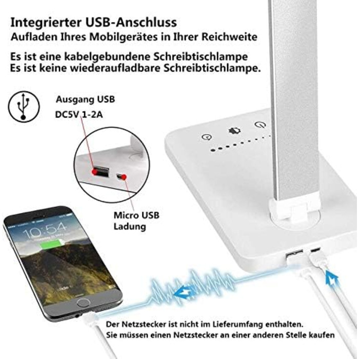 LED лампа настільна SLATOR з регулюванням яскравості, 5 кольорів та 10 рівнів, USB-зарядка, для читання, дітей, срібна, алюміній, QM019