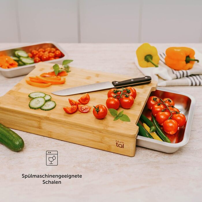Blumtal Bamboo Cutting Board made of 100% Bamboo with 3 Stainless Steel Catch Basins (oven-safe) - Antibacterial Wooden Board 40x28.5 cm - Wooden Cutting Board - Knife-Friendly Bamboo Cutting Board
