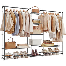 SONGMICS Clothes Rack, Open Wardrobe, Clothes Rail, Coat Rack with Shelves, Metal Wardrobe, Freestanding, Matte Black LGR462B01 (183B cm)
