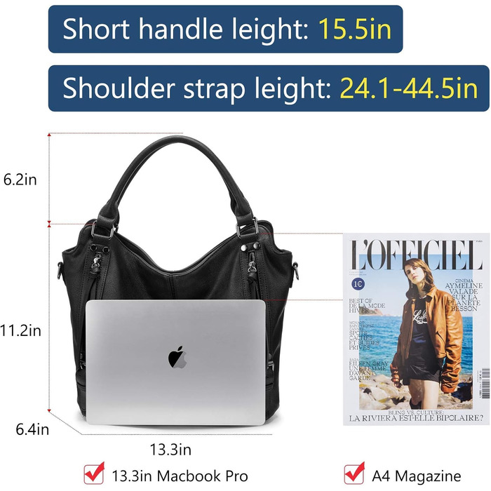 Жіноча сумка-шопер 2в1 Reaer: сумка через плече та хобо для офісу, навчання, покупок, подорожей, чорна (M)