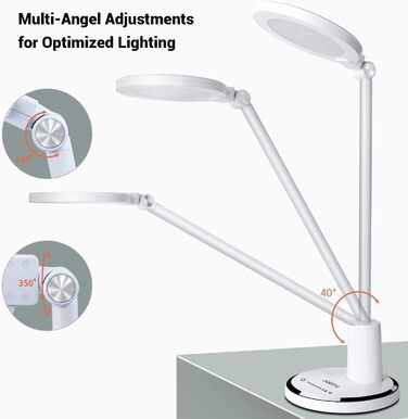 JUKSTG LED Desk Lamp - 12W Adjustable Office Table Lamp with Touch Control, Dimming, 10 Brightness Levels & 5 Color Modes - Eye Protection for Reading, Work, Kids (White)