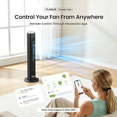 Вентилятор вежовий FLANUR WiFi Alexa 108 см, тихий (25 дБ), з пультом, 4 режими, 90° осциляція, таймер 12 год, чорний