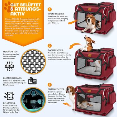 ТRESKO® Транспортна переноска для собак та котів, складана, з підкладкою, лопаткою та світловідбивачами, 50x34x34 см | Переноска для собак, велика, червона
