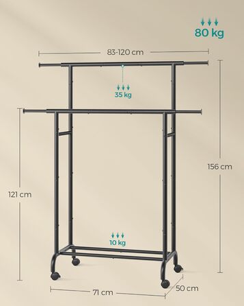 SONGMICS Clothes Rack with 2 Clothes Rods, Extendable Garment Rod, with Wheels, Coat Rack, Height Adjustable between 113 and 180 cm, Lower Rod Adjustable, LLR401R01 (Ink Black, 120D x 50W x 156H cm)