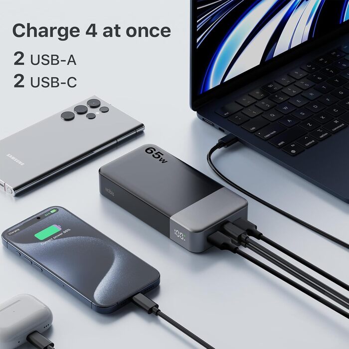 Powerbank NOBIS 20000mAh, 65W, з цифровим дисплеєм, Dual USB-C/USB-A, для ноутбука, телефону, планшета, зовнішній акумулятор, зелений (чорний)