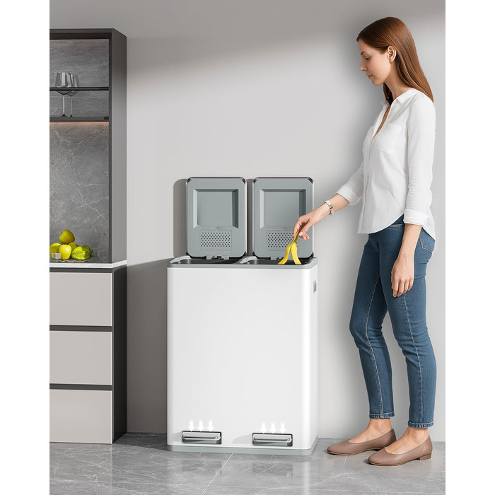 Відро для сміття з сортуванням 60 л, нержавіюча сталь, з педаллю, 2 відділення, SW06099E (біле)