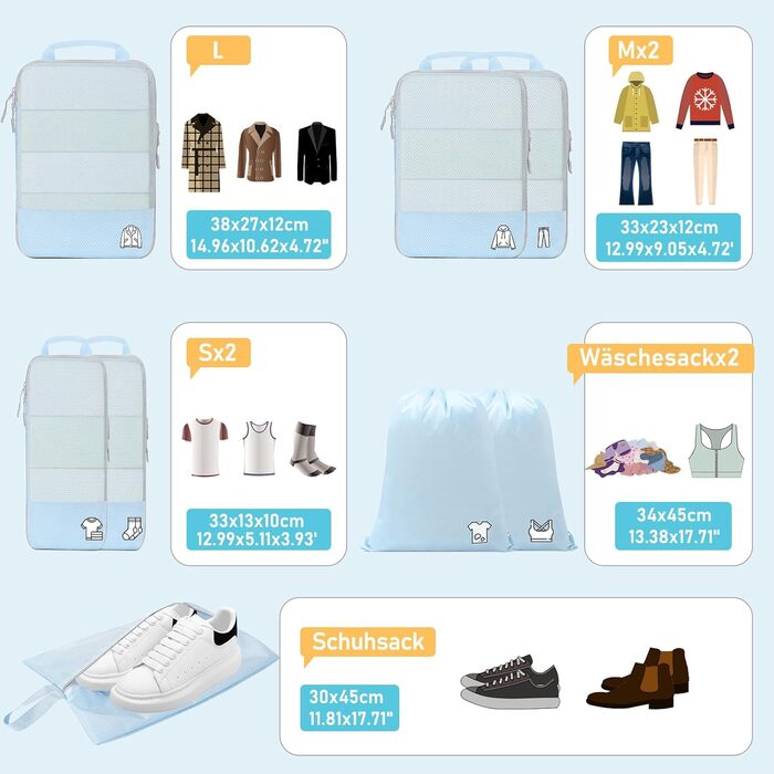 Набір з 8 компресійних органайзерів для валізи, чорний/блакитний