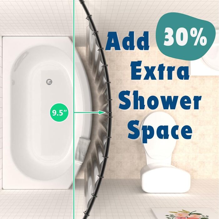 Регульована вигнута штанга для душу 107-182 см з 12 кільцями для душу - для ванної, гардеробу, кухні. Легка установка, хром.