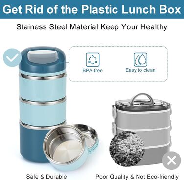Ланчбокс Lille Home з нержавіючої сталі 1.43л, 3-рівневий, ізольований, без BPA, для їжі на виніс, підходить для жінок та чоловіків (блакитний)