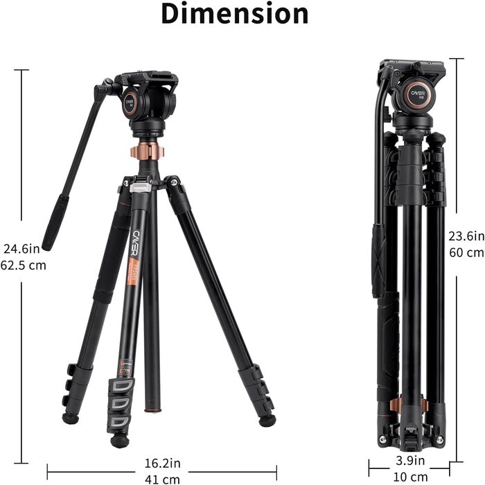 Штатив відео Cayer FP2450 з плинною головкою, 75 дюймів, алюміній, 4 секції, компактний, перетворюється на монопод, для DSLR, до 6 кг