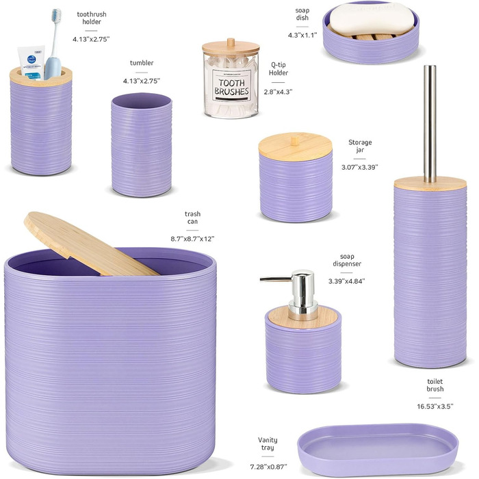 Набір для ванної кімнати IMAVO, 26 предметів: душовий завіс, килимок, смітник, піднос, дозатор мила, мильниця, тримач для зубних щіток, стакан для зубних щіток (фіолетовий, 11 предметів)