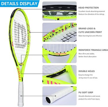 Lunnade Kids Tennis Racket Set - Youth Tennis Racquet for Boys & Girls Ages 3-12 with Cover - 19/21/23/25 Inch Sizes (Yellow, 23 Inch)