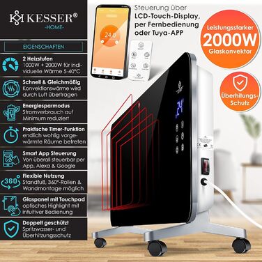 Електрична скляна панельна батарея KESSER® з Wi-Fi, сенсорним екраном та пультом керування | 2000 Вт, білий/чорний | для дому та офісу